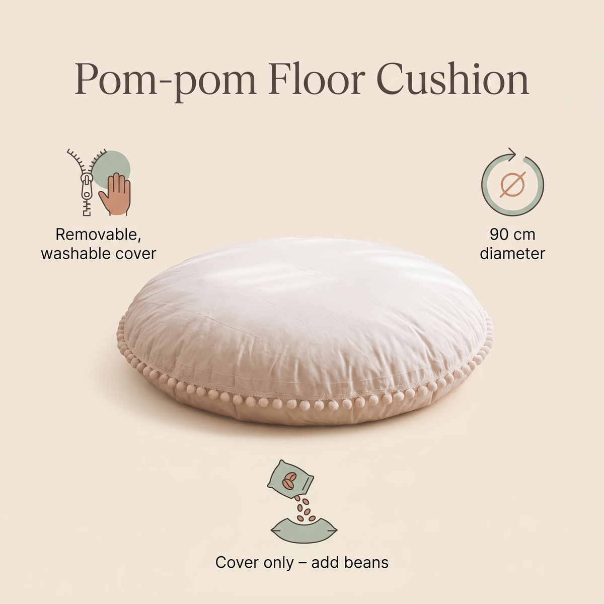 Large Round Floor Cushion Cover with Pom-Pom Trim – Cotton, 90 cm, Ecru