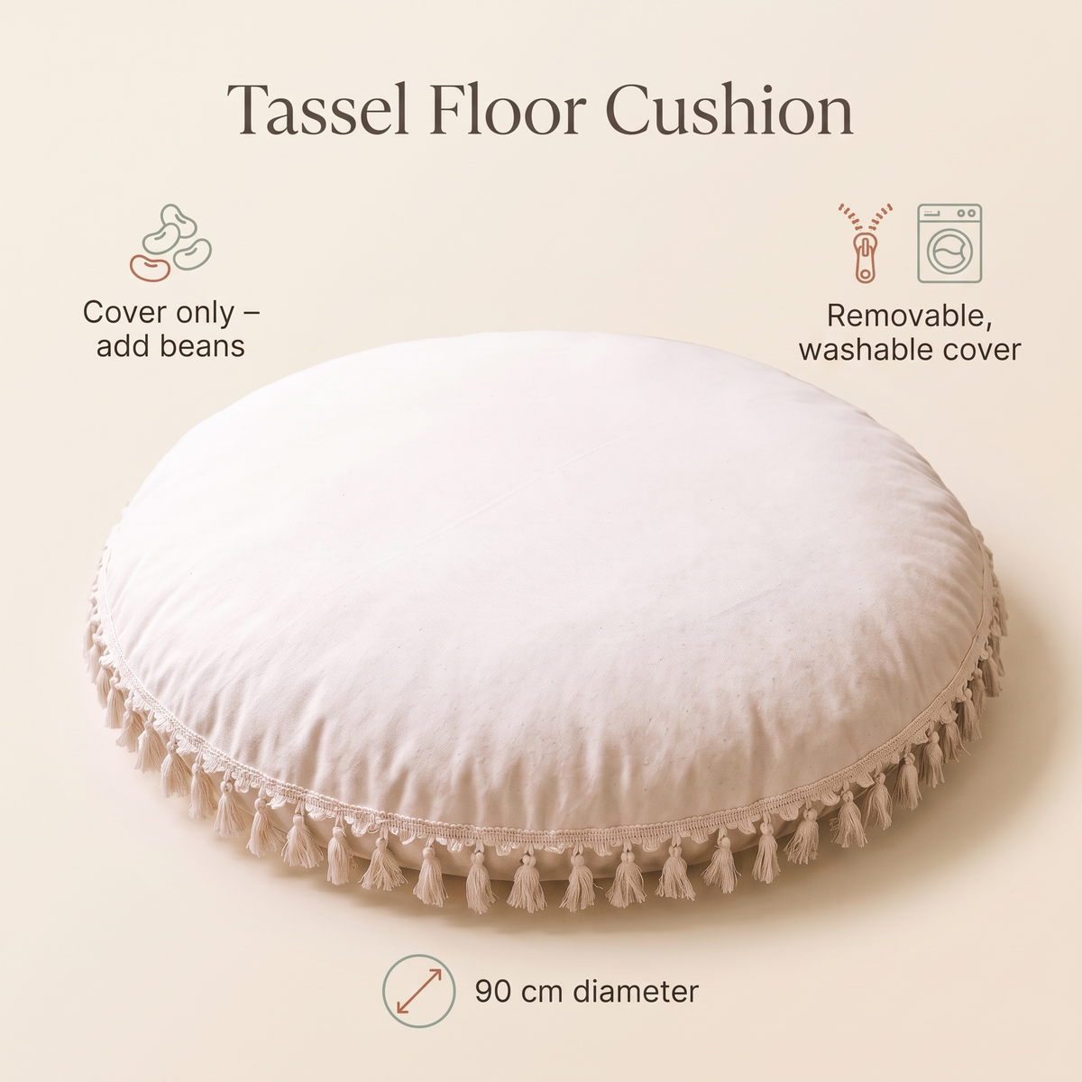 Large Round Floor Cushion Cover with Corner Tassels – Cotton, 90 cm, Ecru