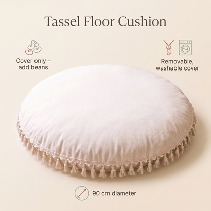 Large Round Floor Cushion Cover with Corner Tassels – Cotton, 90 cm, Ecru