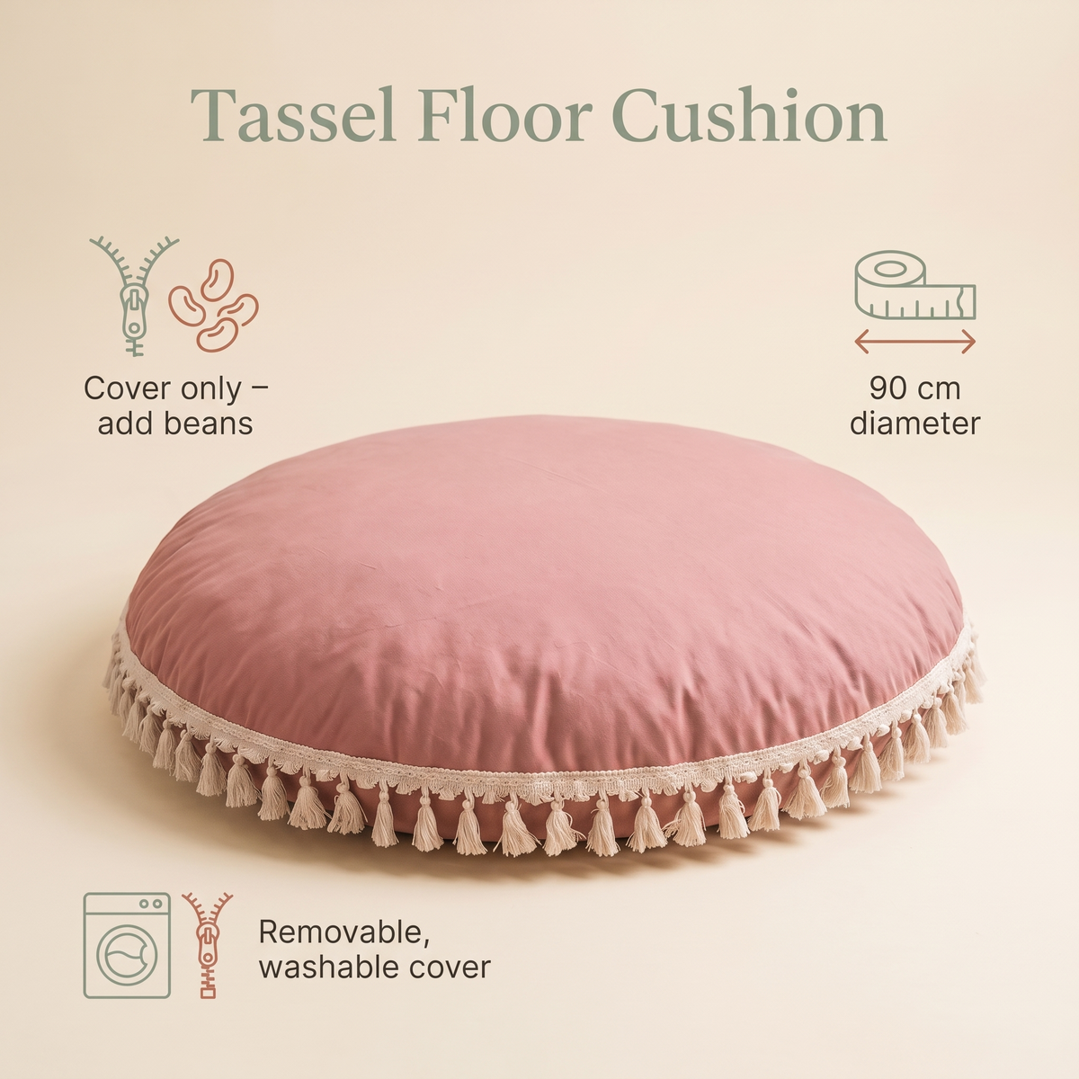 Large Round Floor Cushion Cover with Corner Tassels – Cotton, 90 cm, Rose