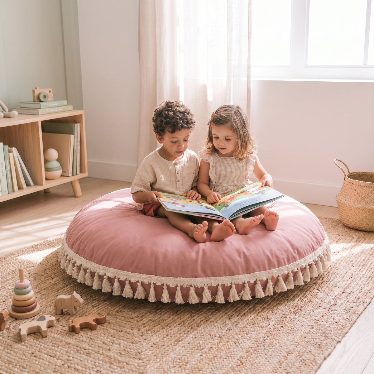 Large Round Floor Cushion Cover with Corner Tassels – Cotton, 90 cm, Rose