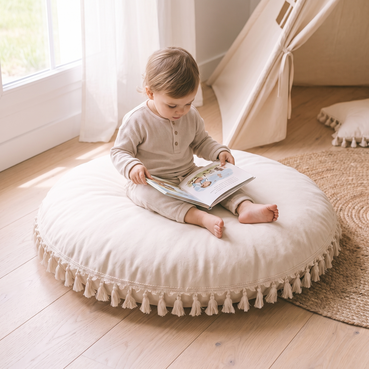 Large Round Floor Cushion Cover with Corner Tassels – Cotton, 90 cm, Ecru
