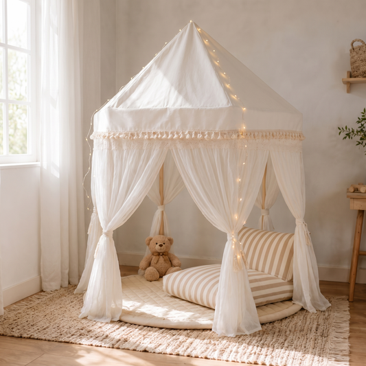 Play Tent Set with Quilted Mat, Fairy Lights and Support Pillow – Ivory