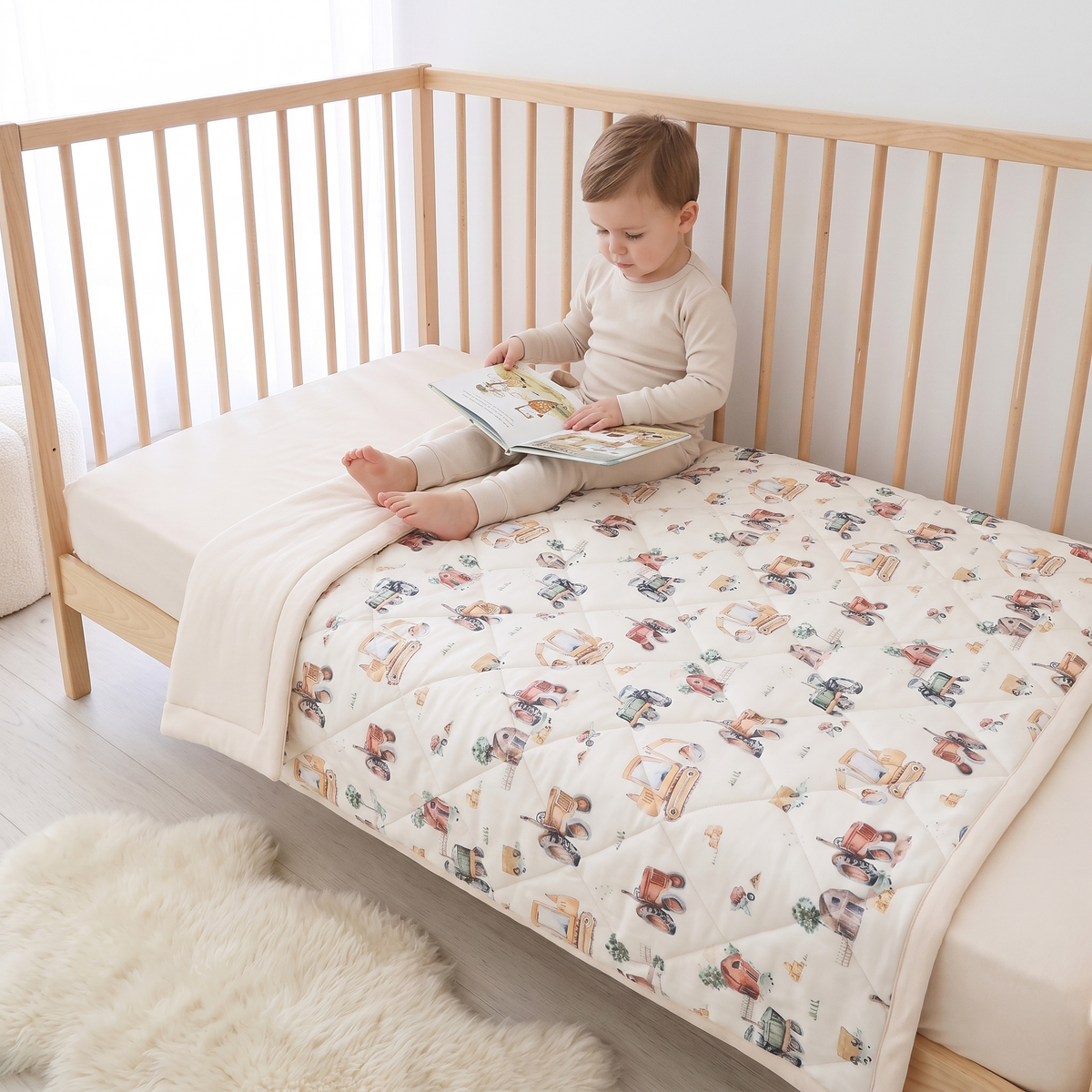 Reversible Quilted Jersey Cotton Cot Comforter, Vehicles Print – 100 x 120 cm