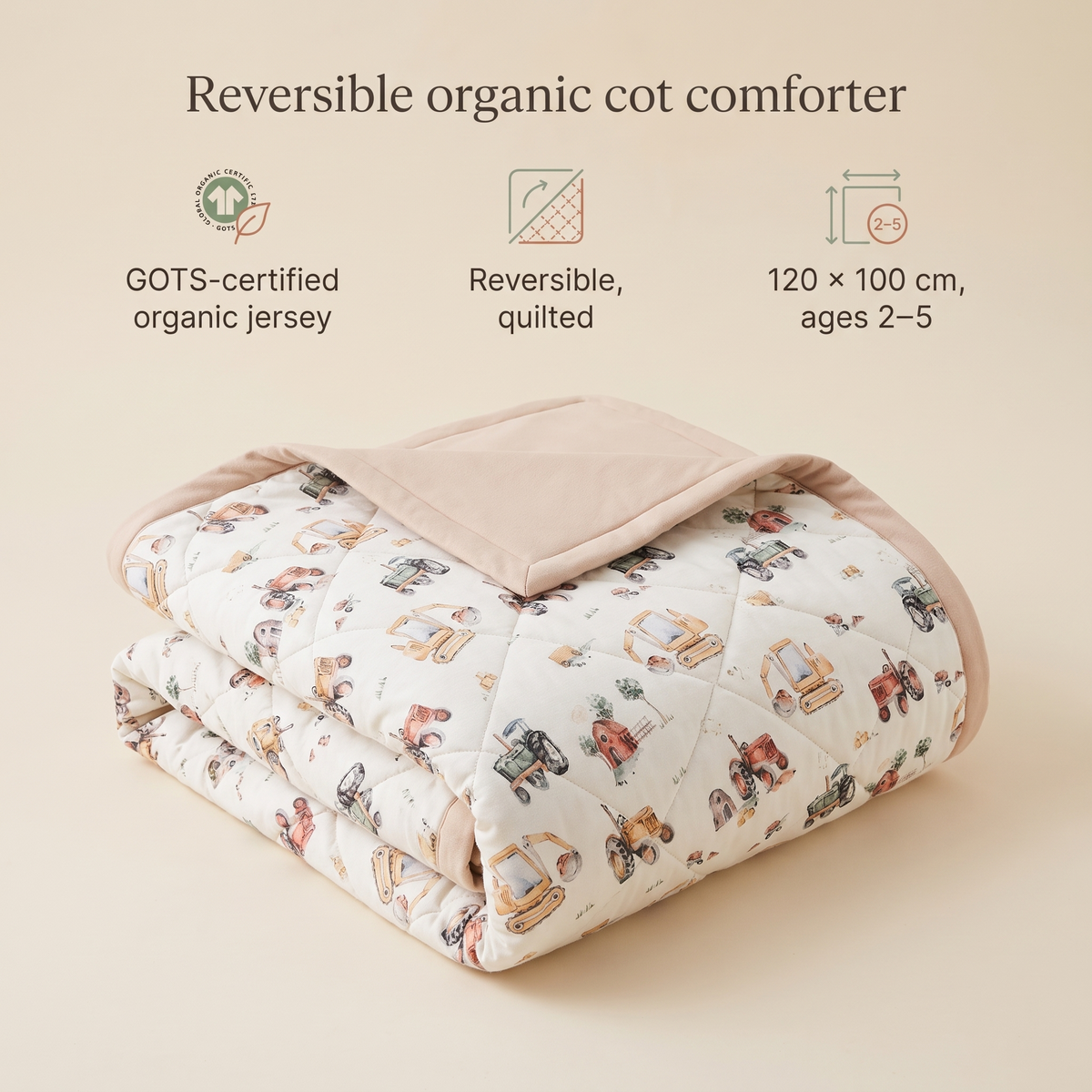 Reversible Quilted Jersey Cotton Cot Comforter, Vehicles Print – 100 x 120 cm