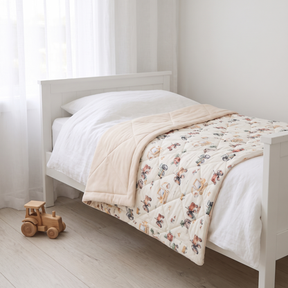 Reversible Quilted Jersey Cotton Cot Comforter, Vehicles Print – 100 x 120 cm