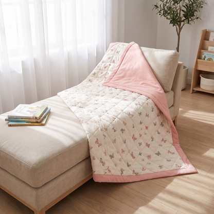 Reversible Quilted Jersey Cotton Cot Comforter, Butterfly Print – 100 x 120 cm