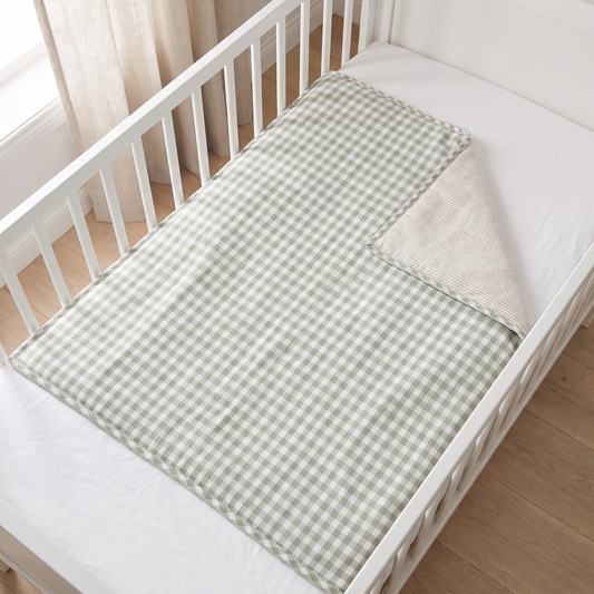 Reversible Linen Cot Quilt with Gingham and Stripe Sides – 100 x 120 cm