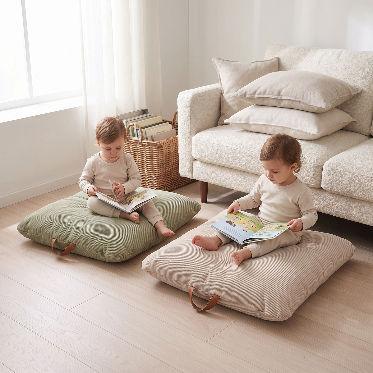 Corduroy Floor Cushions with Carry Handles, Sage and Oat – Set of 2, 80 x 80 cm
