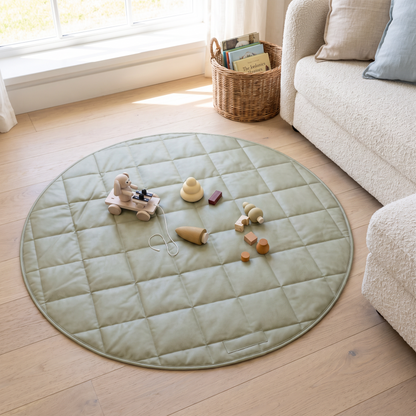Round Quilted Faux Leather Play Mat with Tote Bag – Sage, 120 cm