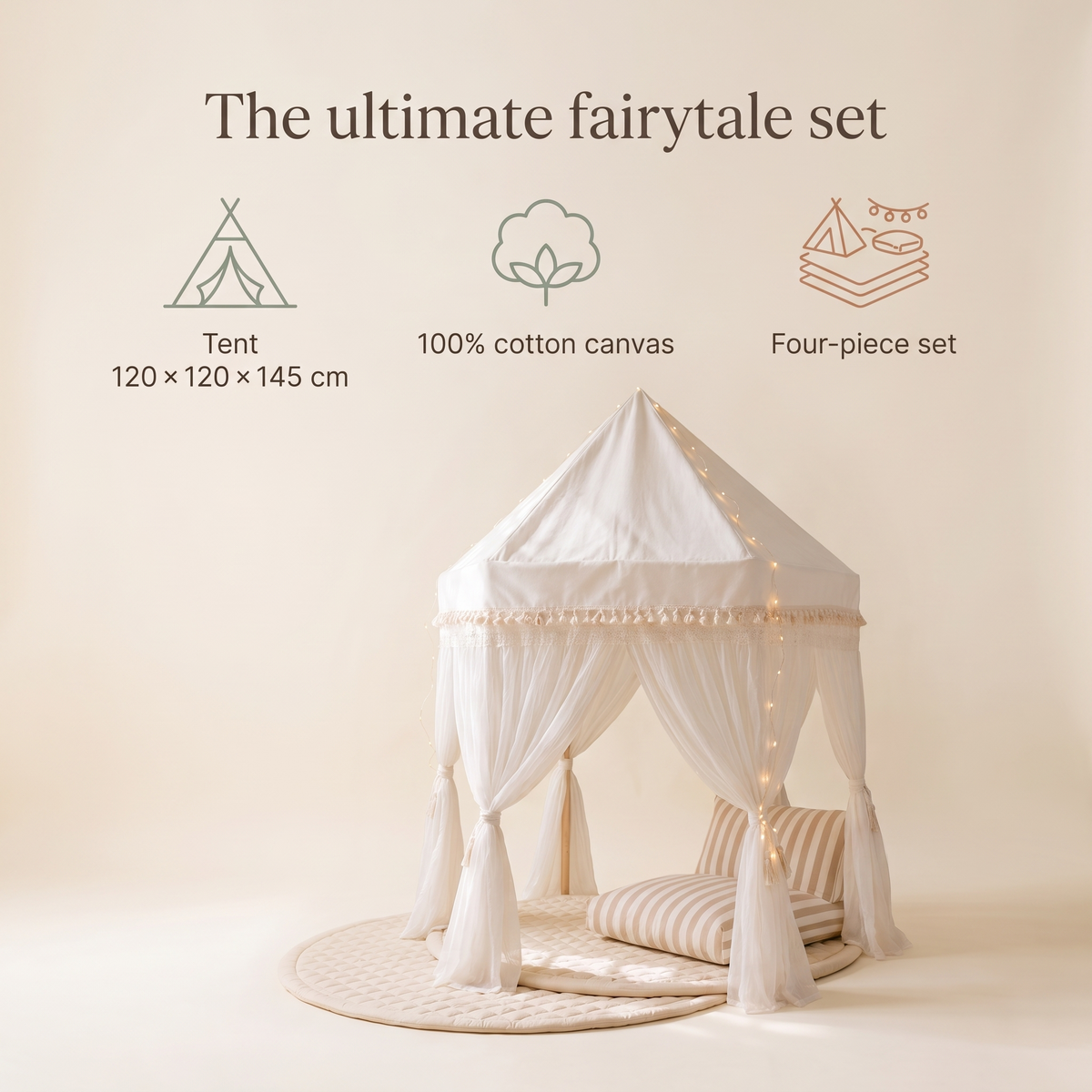Play Tent Set with Quilted Mat, Fairy Lights and Support Pillow – Ivory