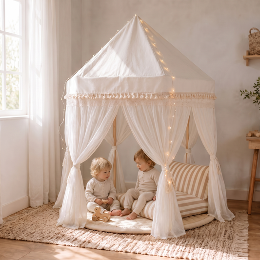 Play Tent Set with Quilted Mat, Fairy Lights and Support Pillow – Ivory