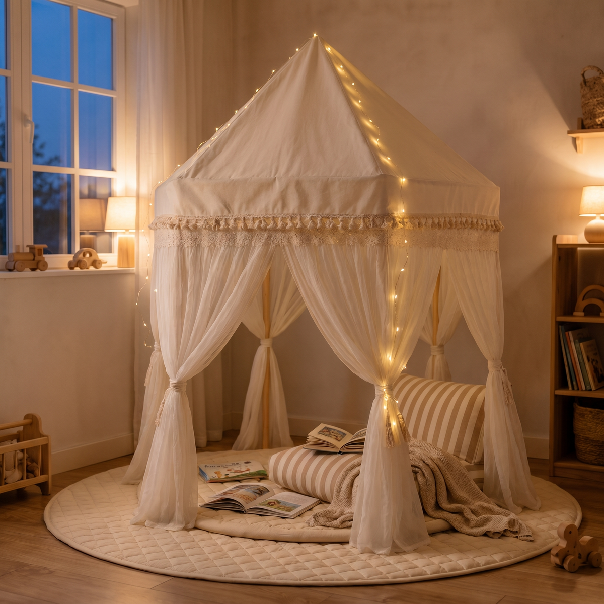 Play Tent Set with Quilted Mat, Fairy Lights and Support Pillow – Ivory