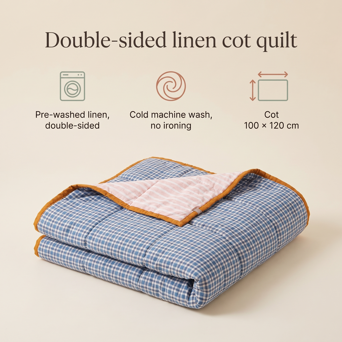 Reversible Linen Cot Quilt, Terracotta and Oat – 100 x 120 cm