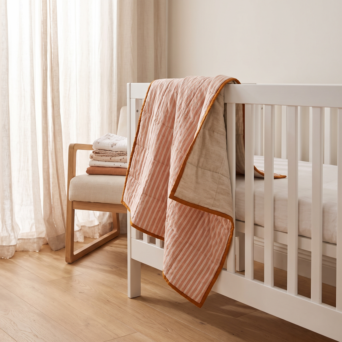 Reversible Linen Cot Quilt, Terracotta and Oat – 100 x 120 cm