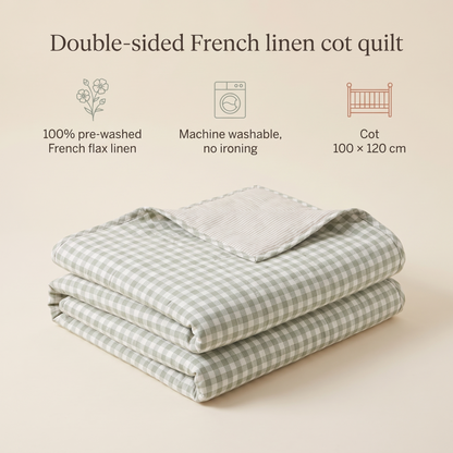 Reversible Linen Cot Quilt with Gingham and Stripe Sides – 100 x 120 cm