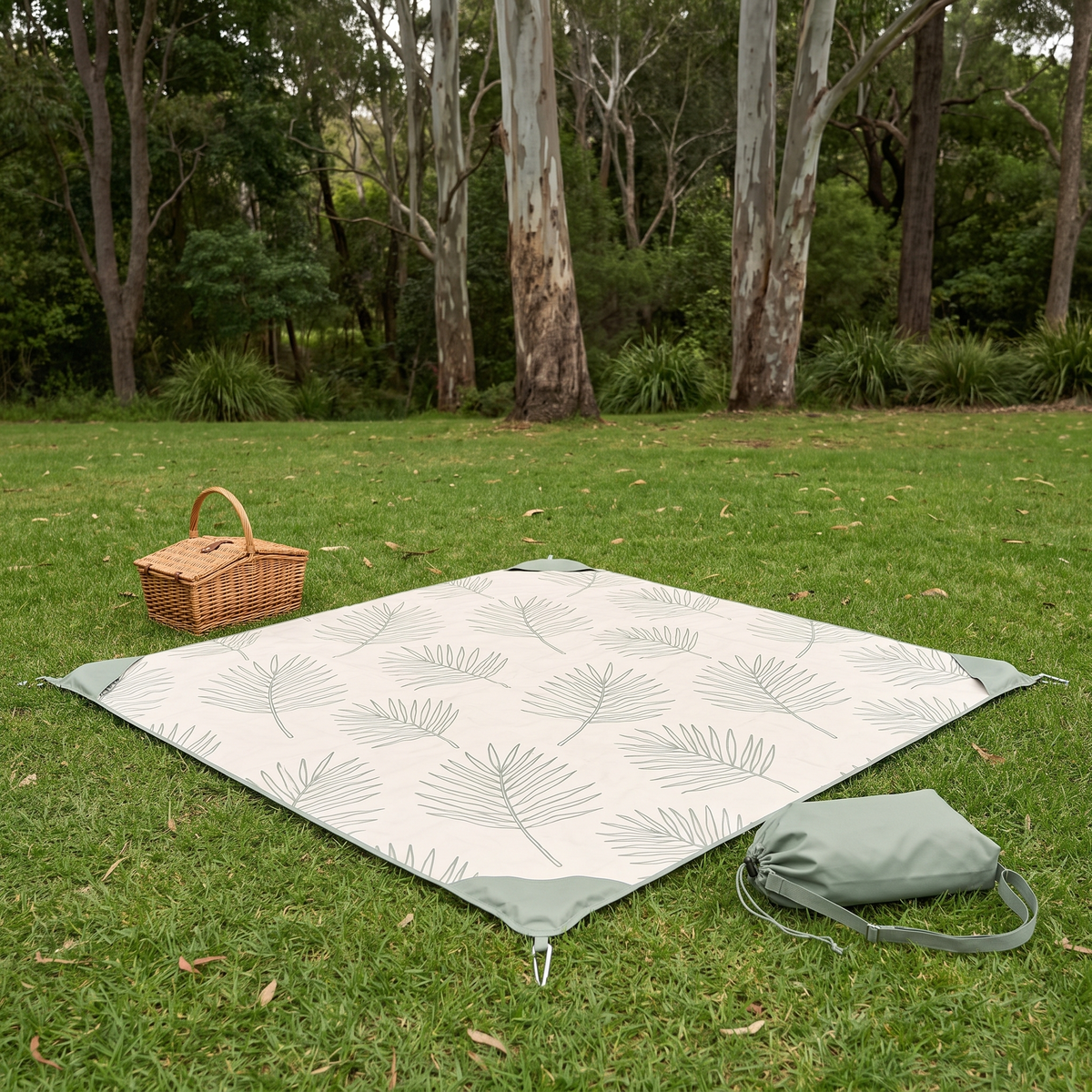 Sand-Free Beach Mat Kit with Pegs and Wash Bag, Palm Print