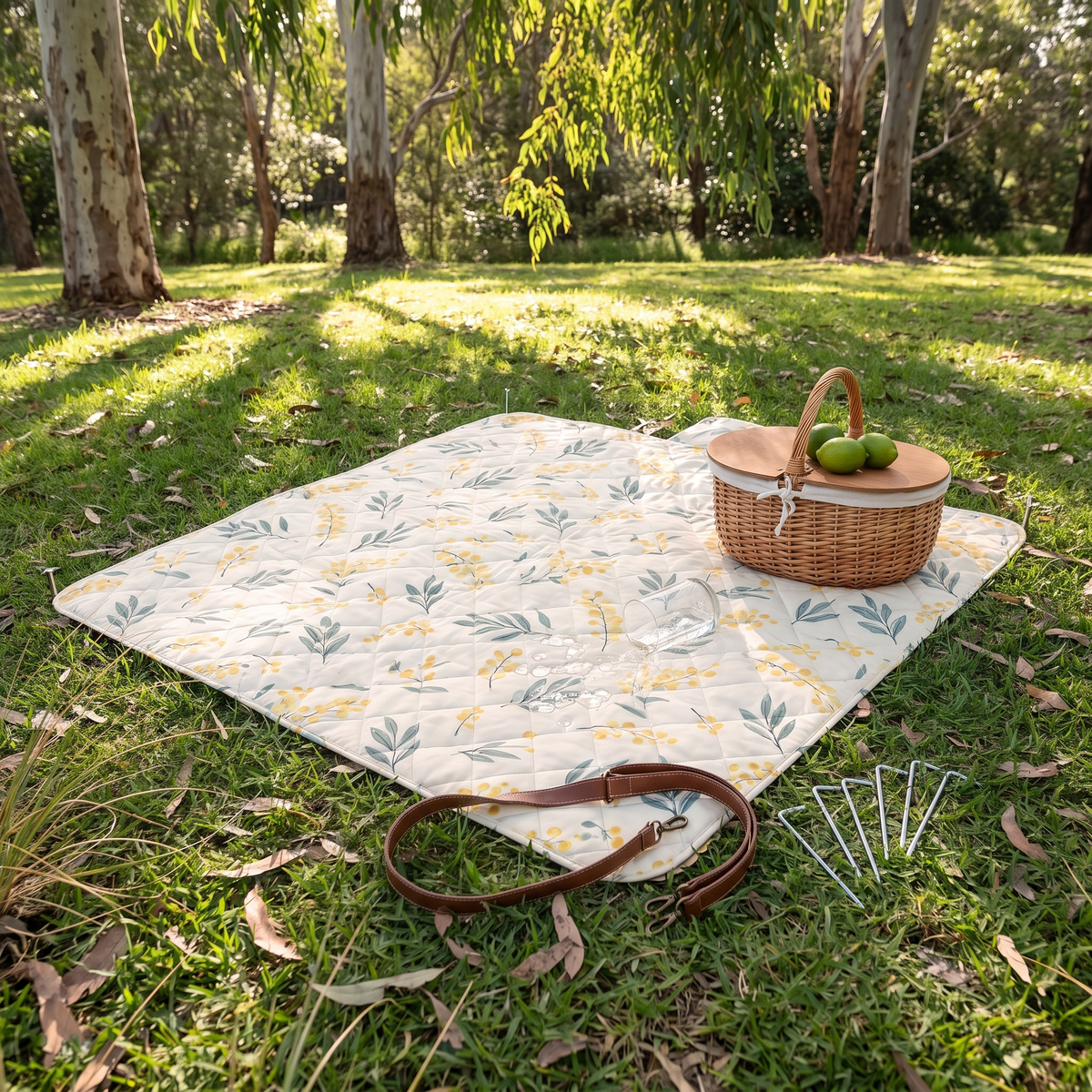 Machine-Washable Picnic Rug with Wind Pegs, Wattle Print