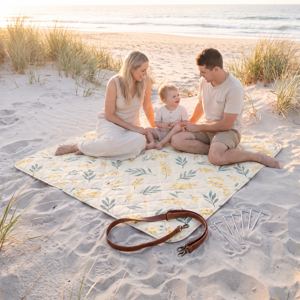 Machine-Washable Picnic Rug with Wind Pegs, Wattle Print