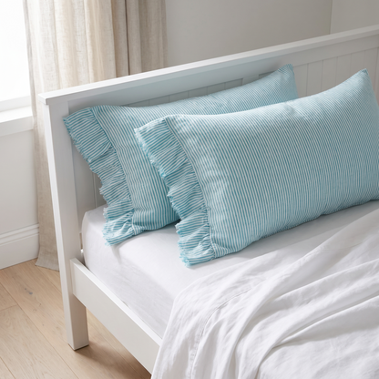 Ruffle-Edge Linen Pillowcase Pair, Lagoon Stripe – 48 x 73 cm