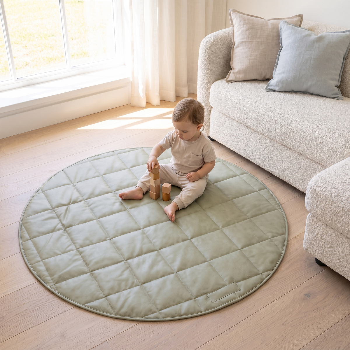 Round Quilted Faux Leather Play Mat with Tote Bag – Sage, 120 cm