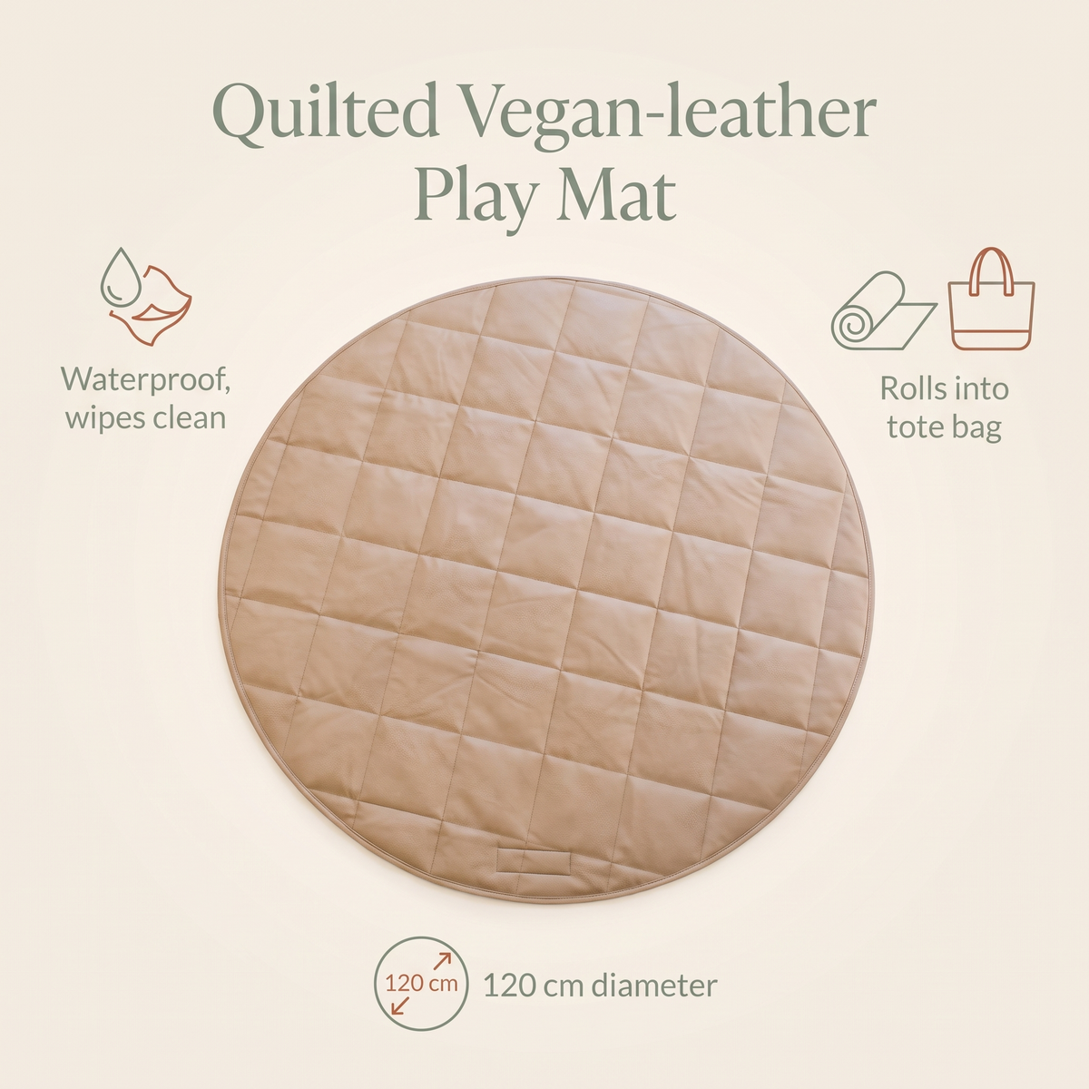 Round Quilted Faux Leather Play Mat with Tote Bag – Tan, 120 cm