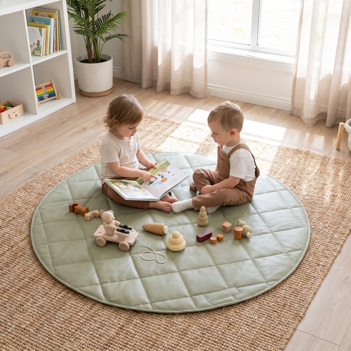 Round Quilted Faux Leather Play Mat with Tote Bag – Sage, 120 cm