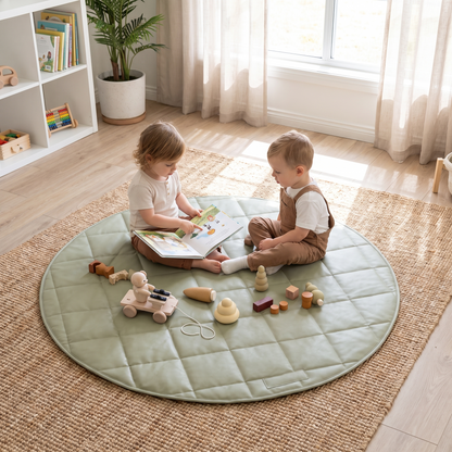 Round Quilted Faux Leather Play Mat with Tote Bag – Sage, 120 cm