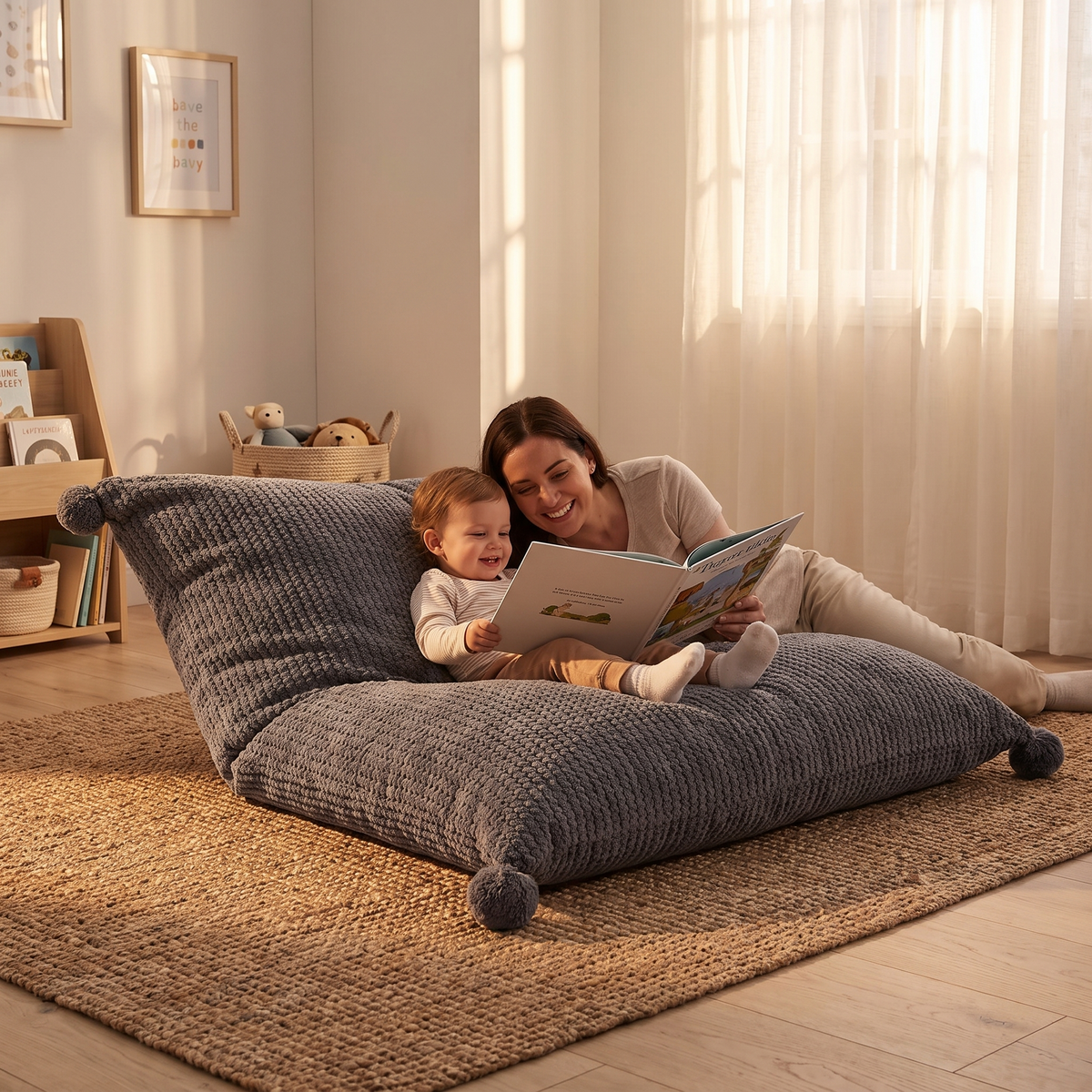 Giant Kids Bean Bag Floor Pillow Cover in Waffle Cord, Charcoal