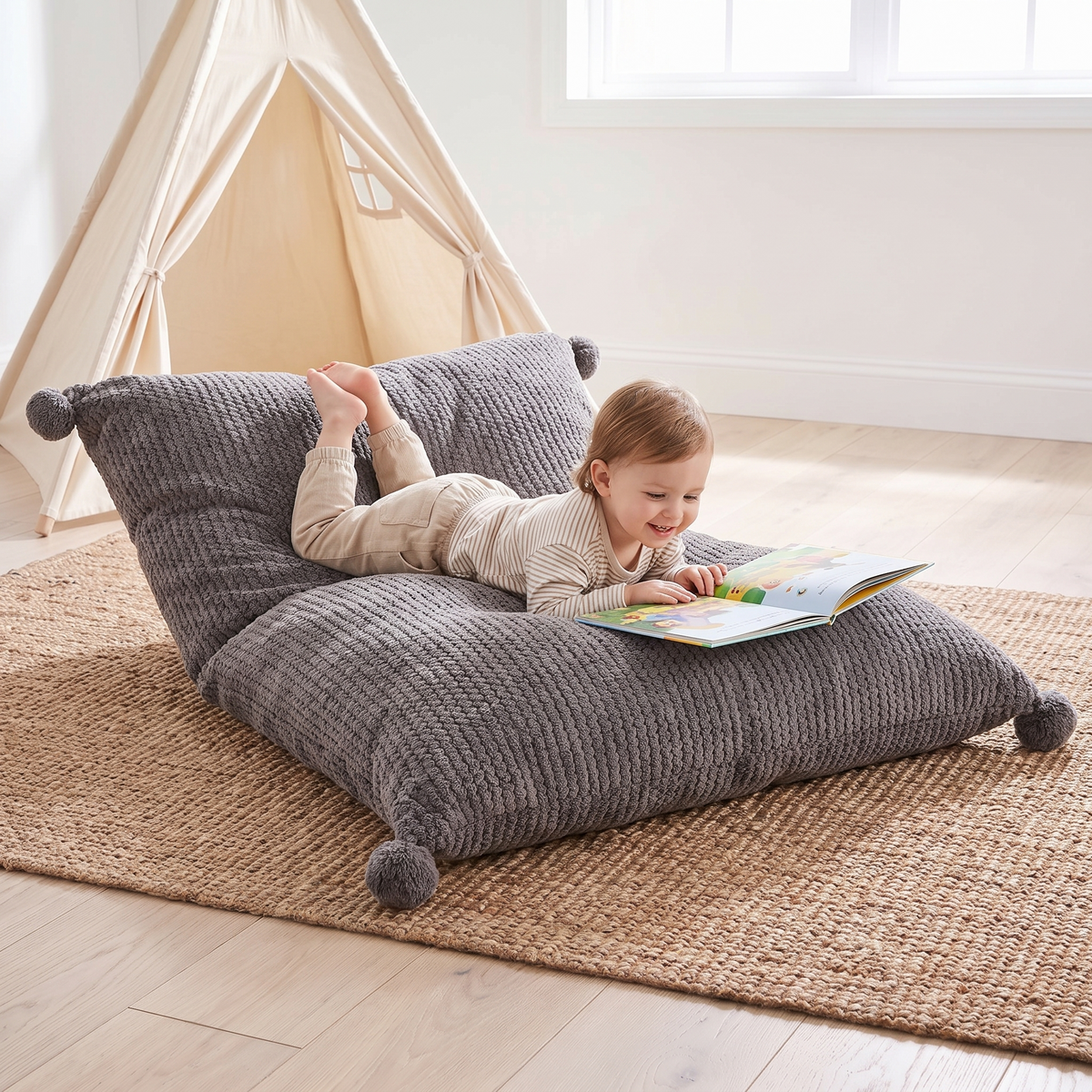 Giant Kids Bean Bag Floor Pillow Cover in Waffle Cord, Charcoal