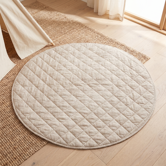 Quilted French Linen Round Play Mat – Natural, 115 cm