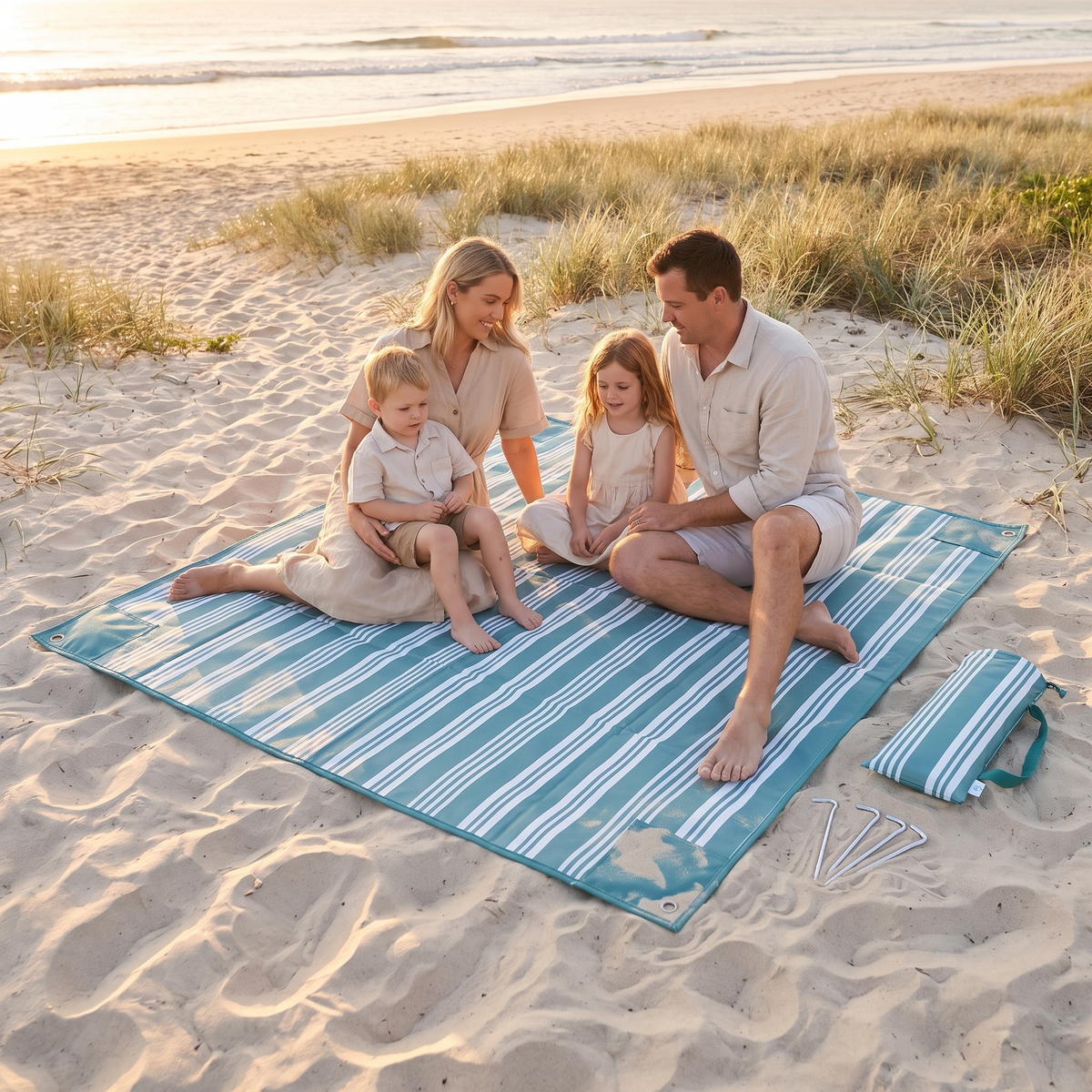 Sand-Free Beach Mat Kit with Pegs and Wash Bag, Stripe