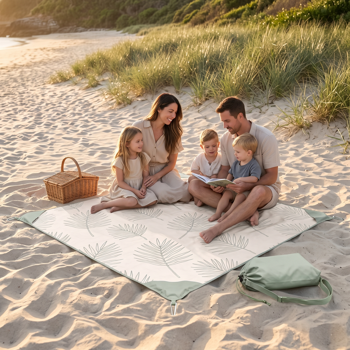 Sand-Free Beach Mat Kit with Pegs and Wash Bag, Palm Print