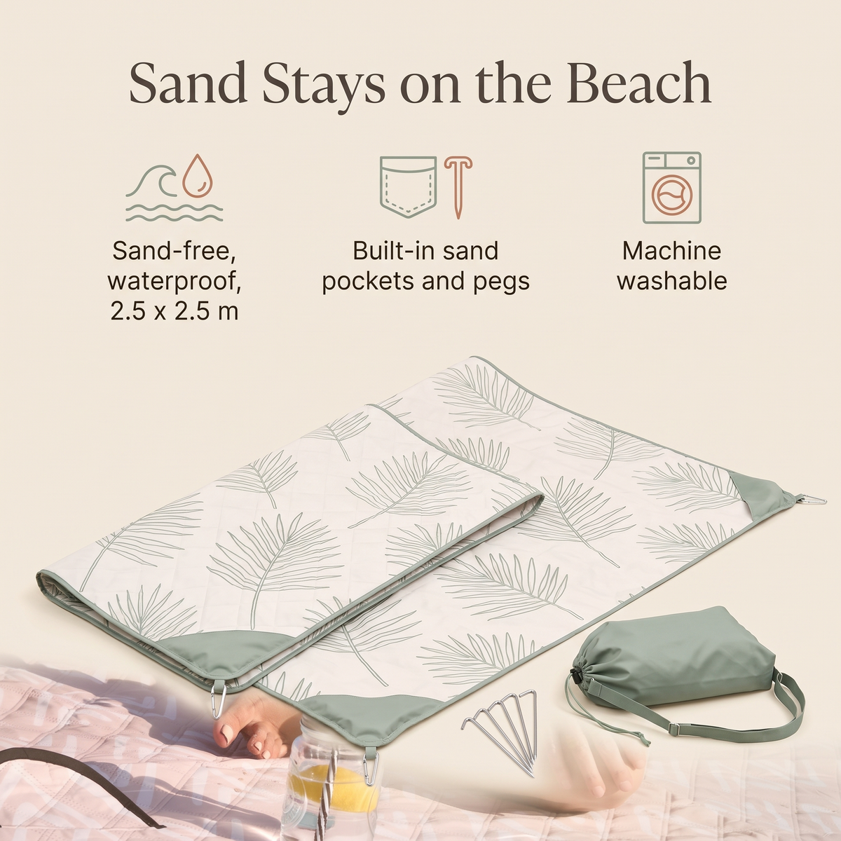 Sand-Free Beach Mat Kit with Pegs and Wash Bag, Palm Print
