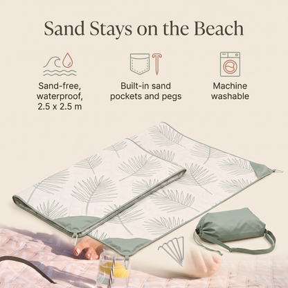 Sand-Free Beach Mat Kit with Pegs and Wash Bag, Palm Print