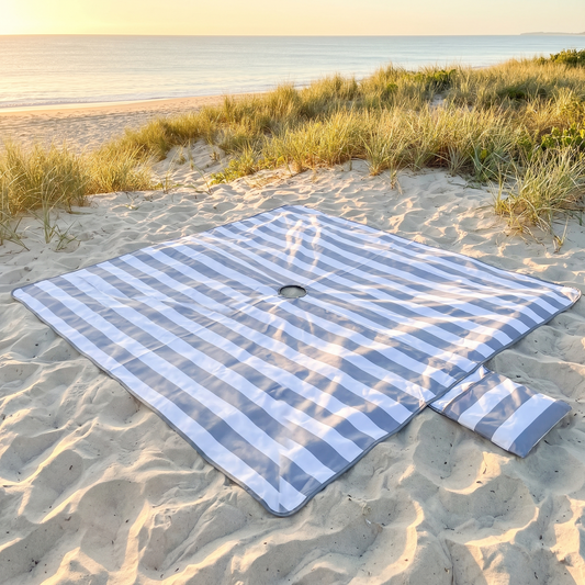 Extra Large Sand-Free Beach Mat with Umbrella Hole and Beach Bag, Cool Gray Stripe