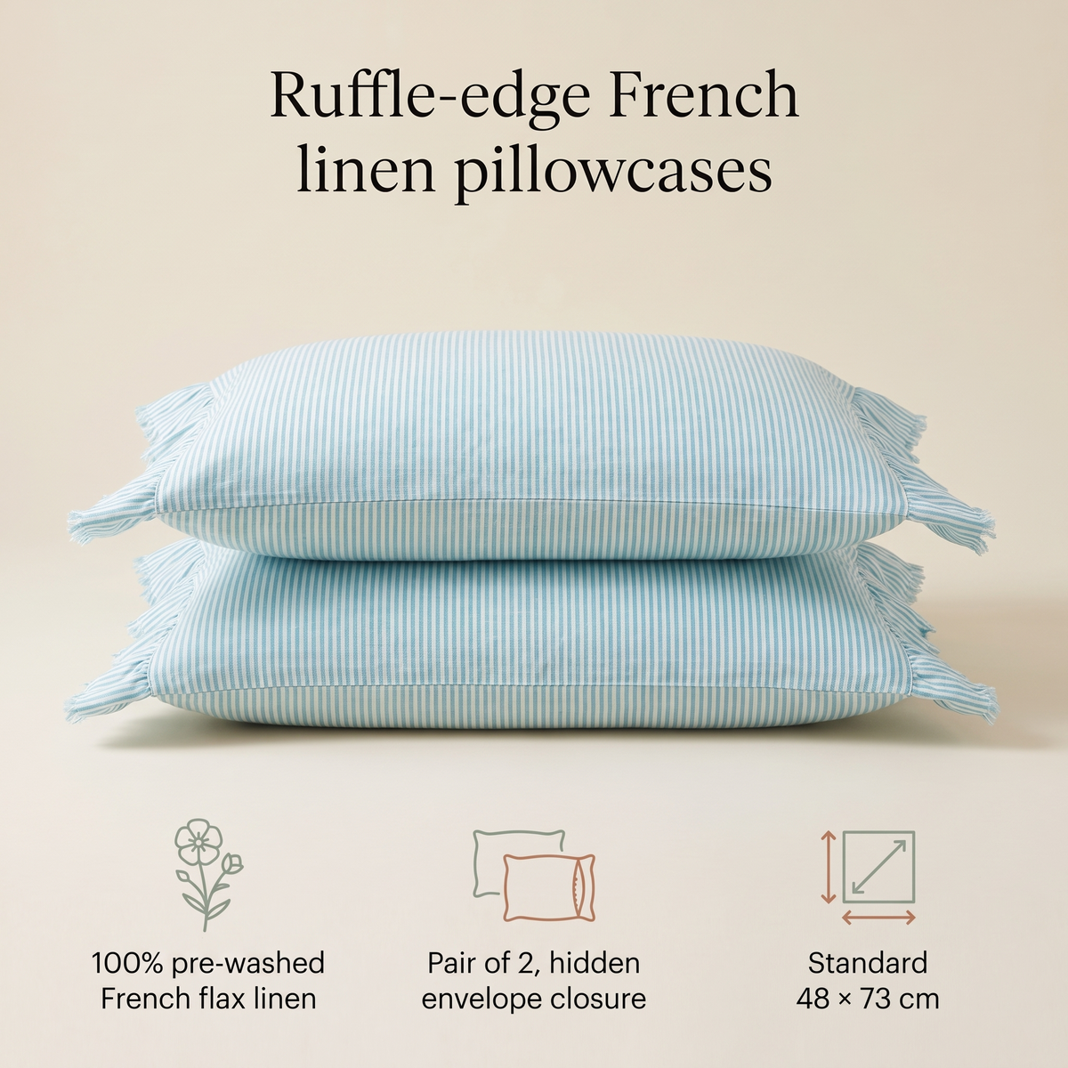 Ruffle-Edge Linen Pillowcase Pair, Lagoon Stripe – 48 x 73 cm