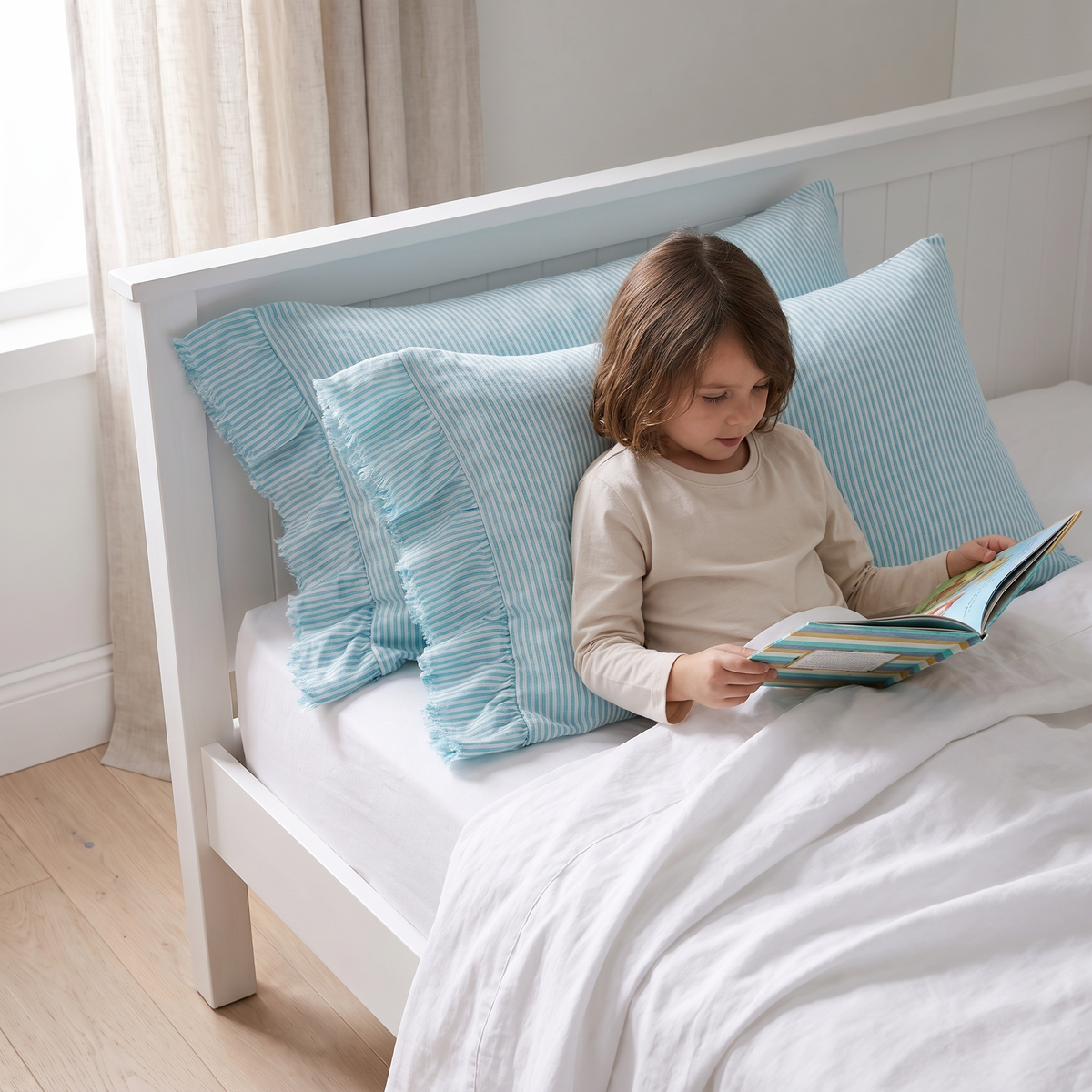 Ruffle-Edge Linen Pillowcase Pair, Lagoon Stripe – 48 x 73 cm