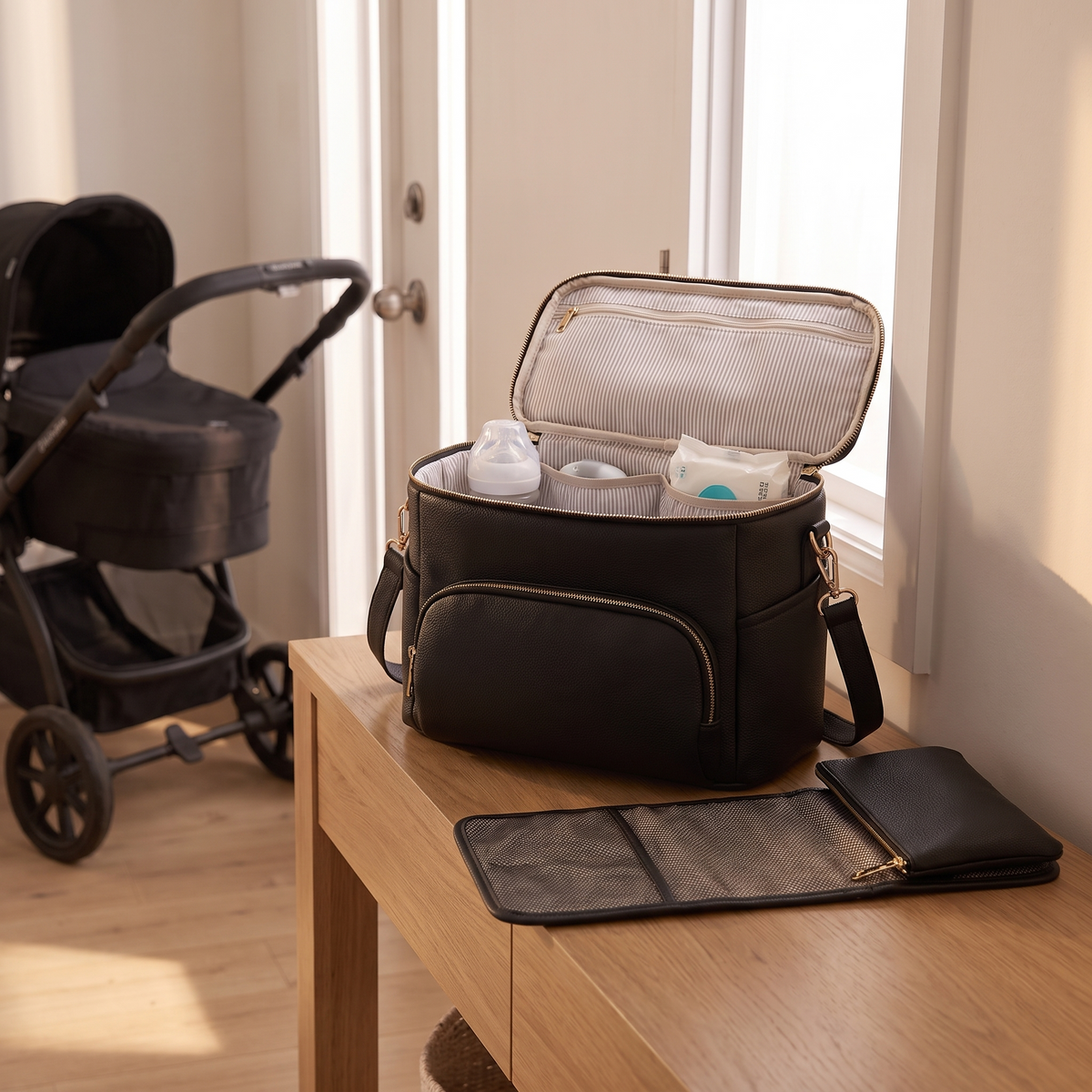 Convertible Pram Caddy and 3-Piece Changing Set Bundle, Black