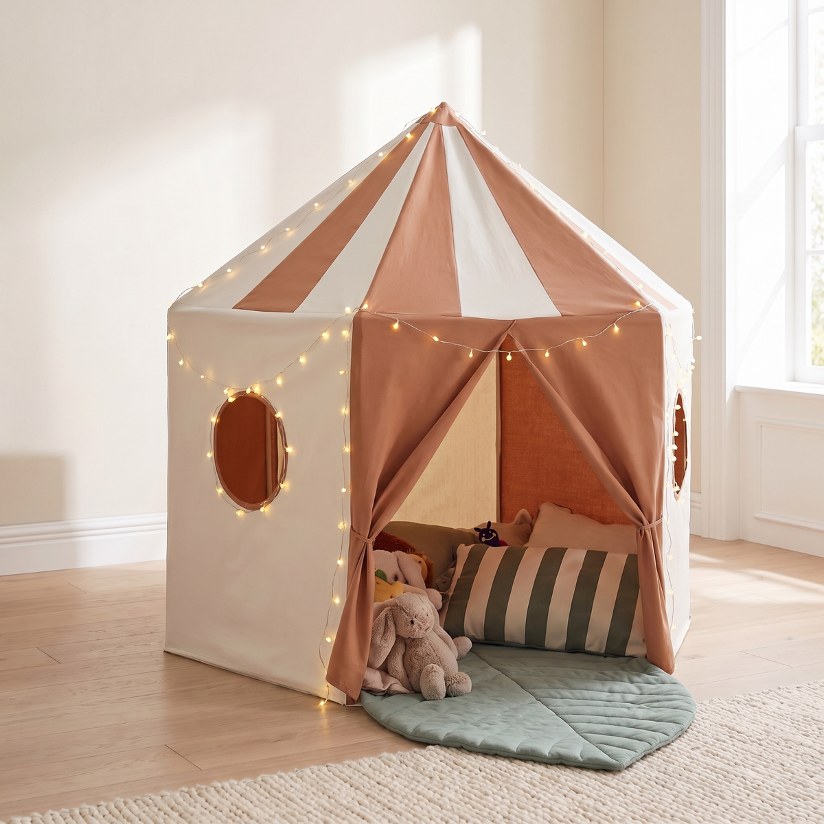 Pop-Up Pavilion Play Tent Bundle with Leaf Play Mat and USB Fairy Lights – Terracotta and Jade