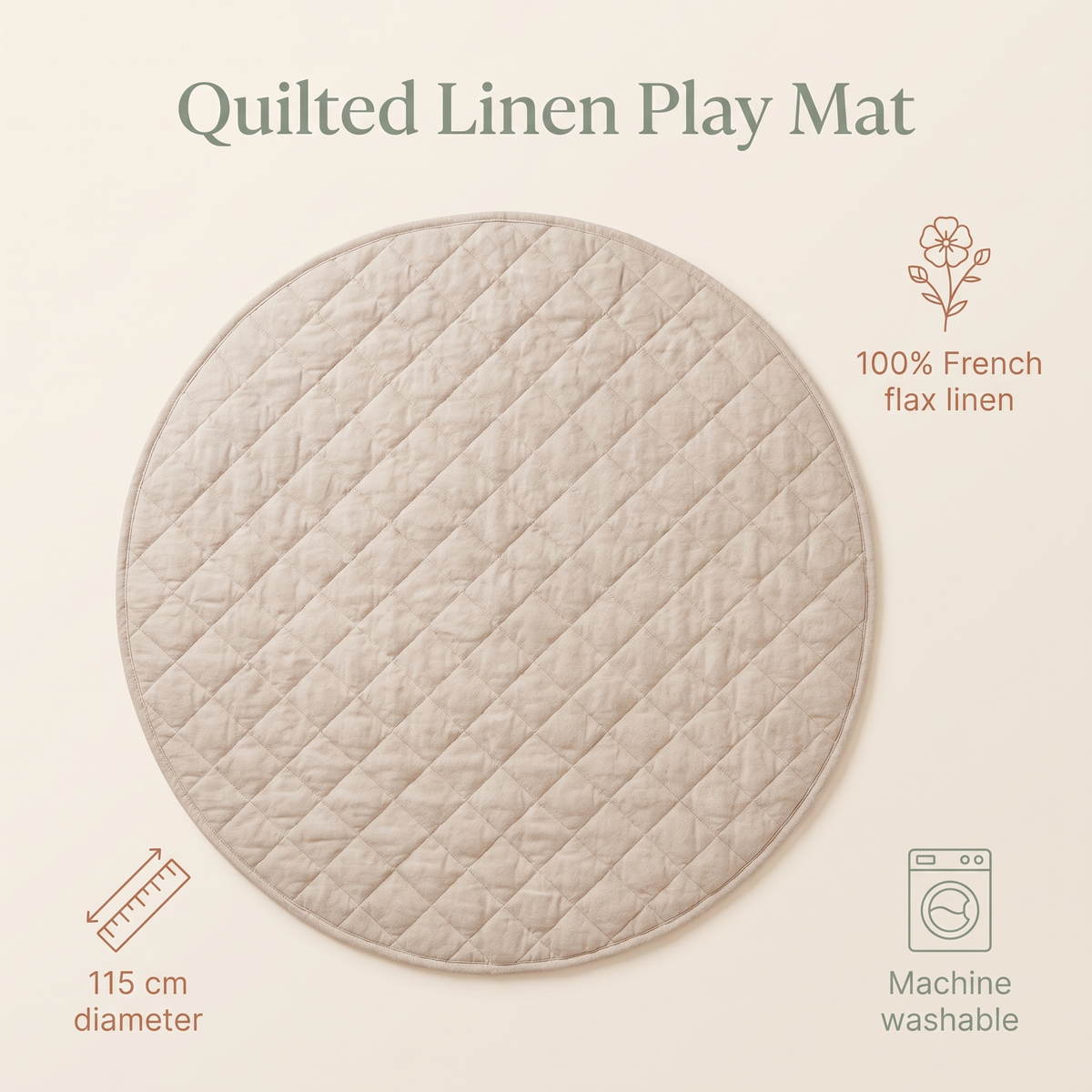 Quilted French Linen Round Play Mat – Natural, 115 cm