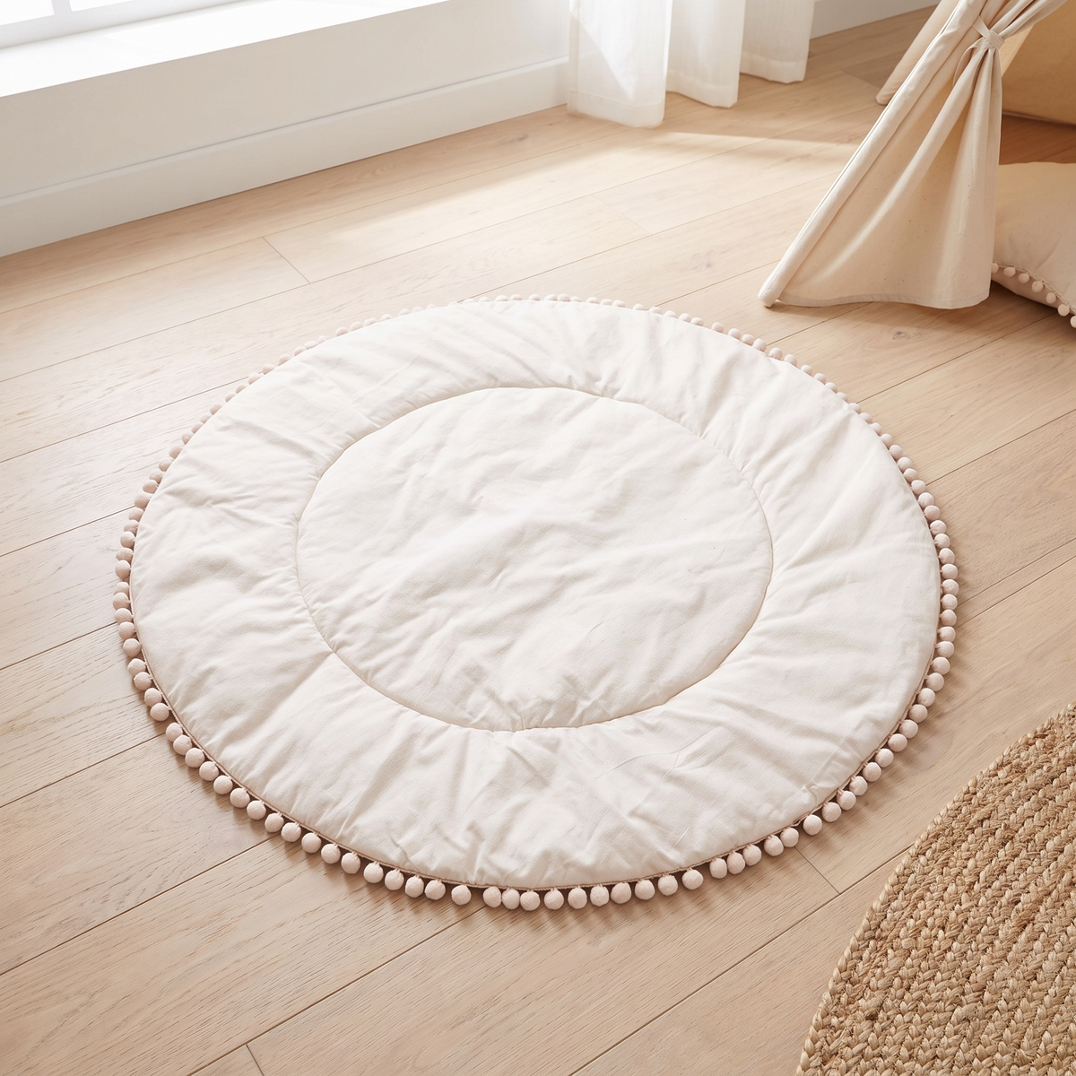 Quilted Cotton Round Play Mat with Pom-Pom Trim – Oat, 110 cm
