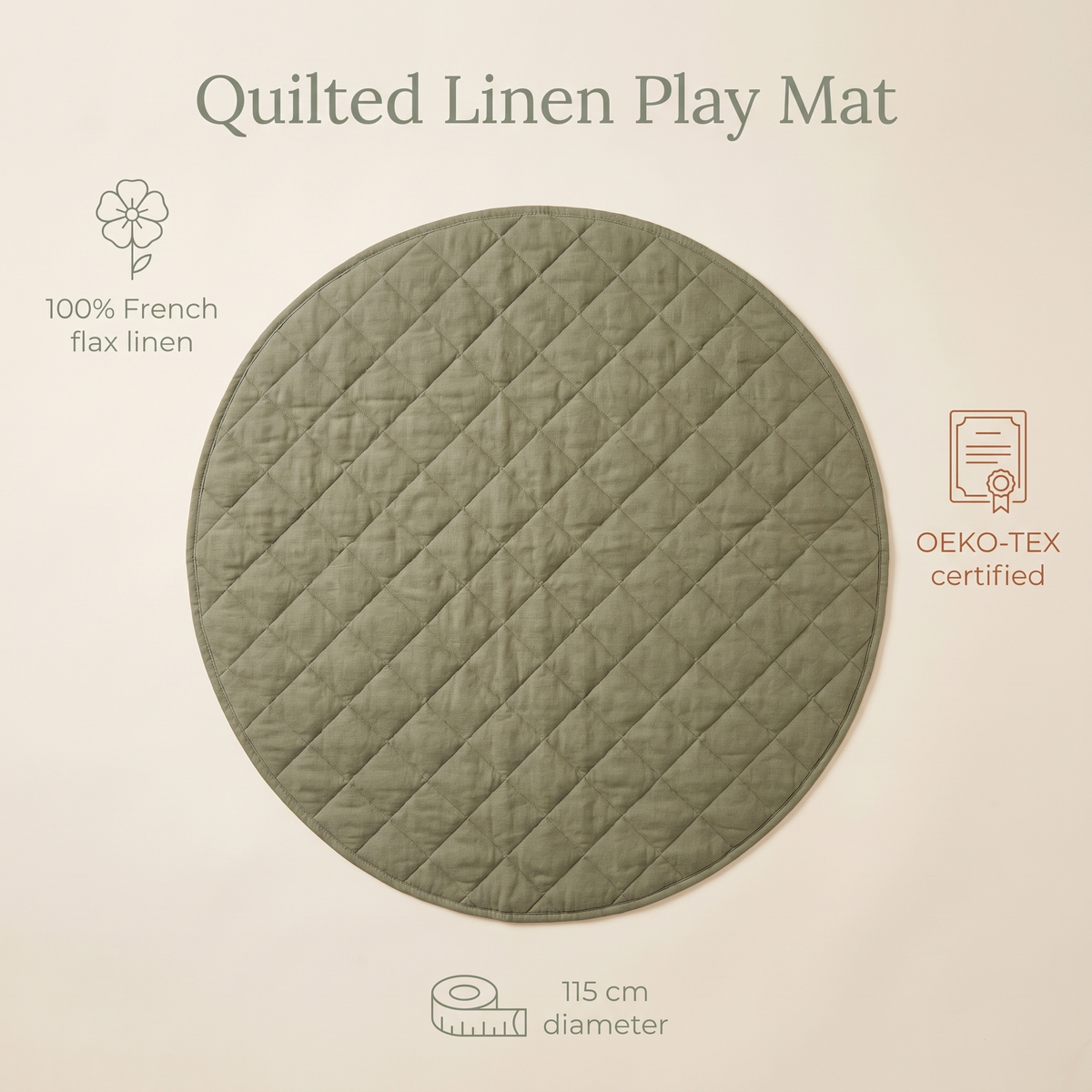 Quilted French Linen Round Play Mat – Olive, 115 cm
