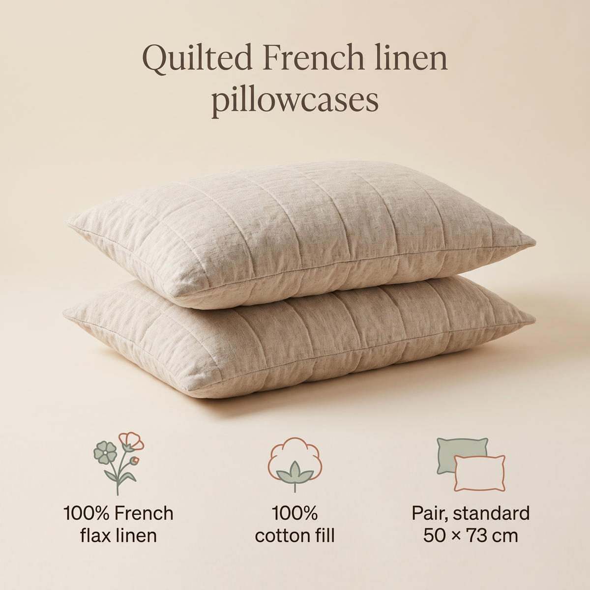 Quilted Linen Pillowcase Pair with Cotton Fill, Natural – 50 x 73 cm