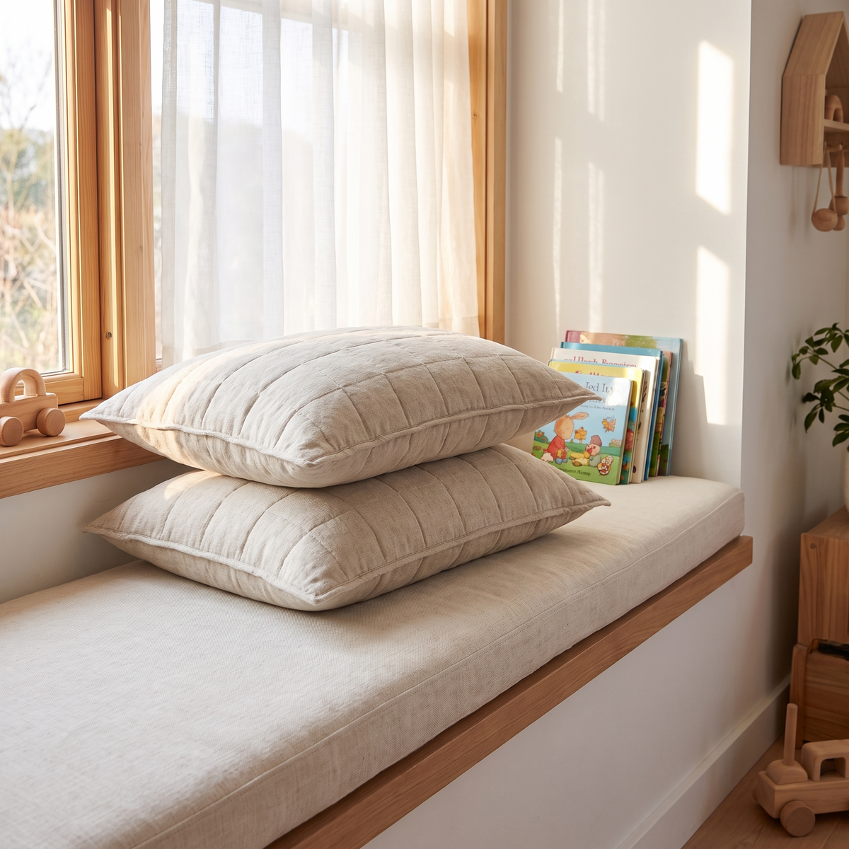 Quilted Linen Pillowcase Pair with Cotton Fill, Natural – 50 x 73 cm