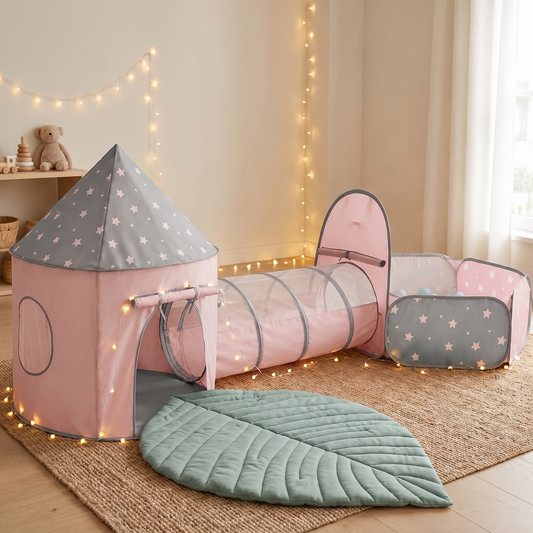 3-in-1 Play Tent with Crawl Tunnel, Ball Pit and Leaf Play Mat, Gray