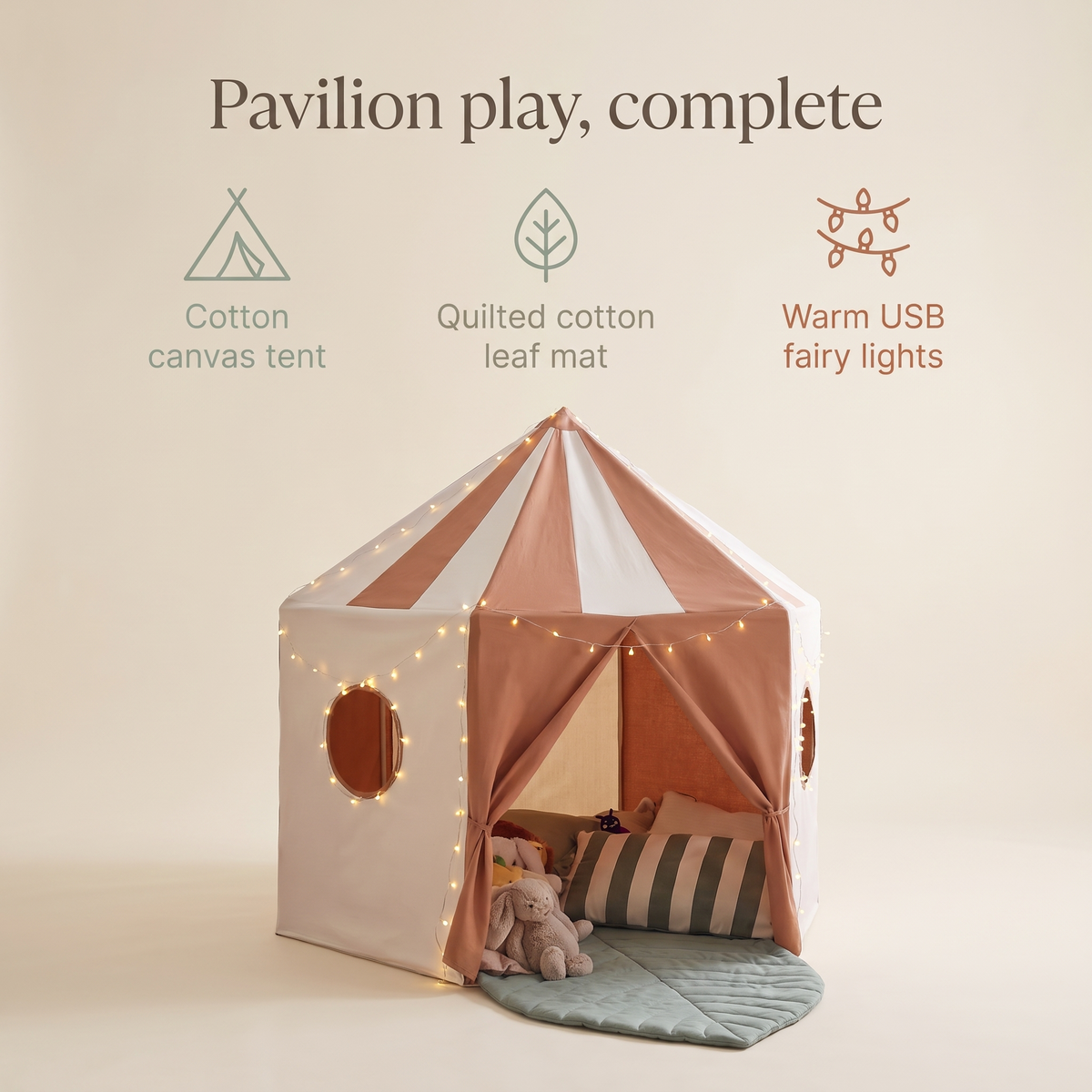 Pop-Up Pavilion Play Tent Bundle with Leaf Play Mat and USB Fairy Lights – Terracotta and Jade