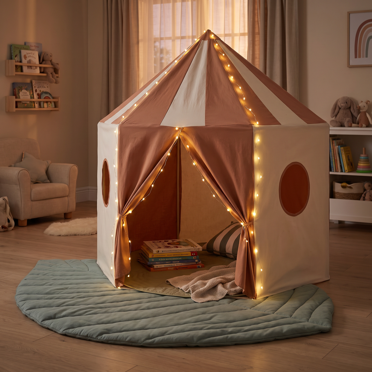 Pop-Up Pavilion Play Tent Bundle with Leaf Play Mat and USB Fairy Lights – Terracotta and Jade