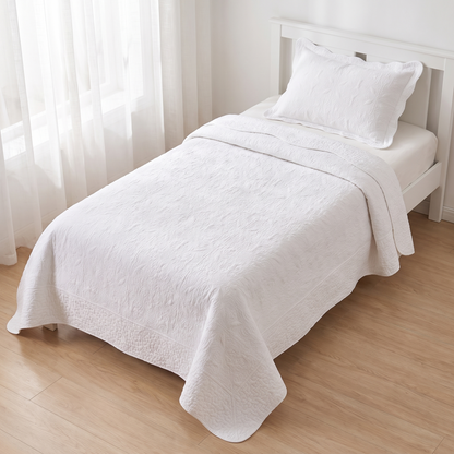 Quilted Cotton Coverlet Set with Pillowcase, Antique White – King Single