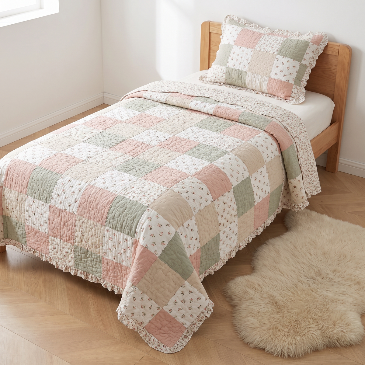 Ruffle Quilted Cotton Coverlet Set with Pillowcase, Blush Floral Patchwork – King Single